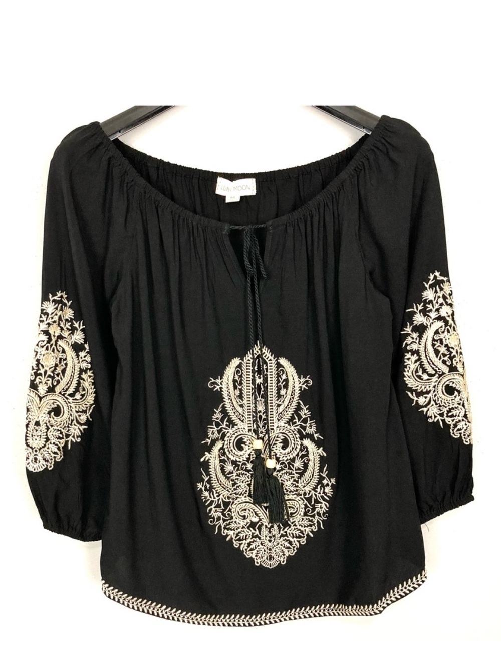 Anthropologie Luna Moon Embroidered Peasant Blouse Women’s Size M Puff Sleeves